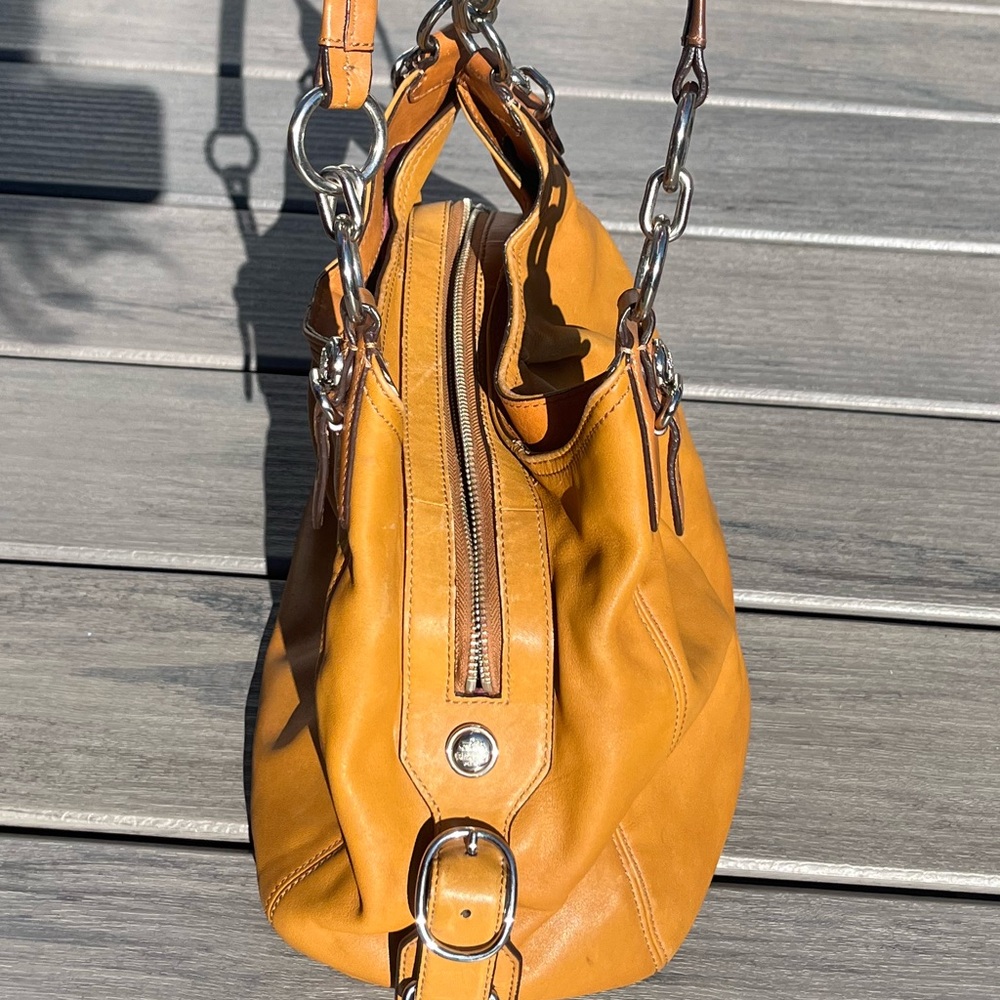Coach; Golden Brown Leather Hobo Bag; 3 Section; Burgundy Interior; Duel Handles - Picture 2 of 16